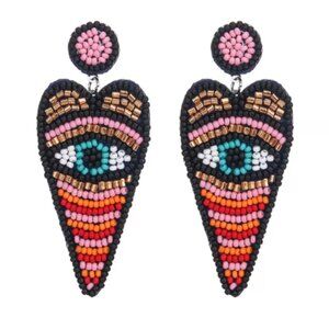 Large Beaded Blue Eye Post Earrings Multicolored Blue Long Statement Big